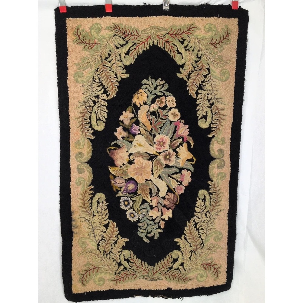 VTG Antique Gorgeous Hooked Rug 49"X30"  Black Wool Floral Flowers Cottagecore